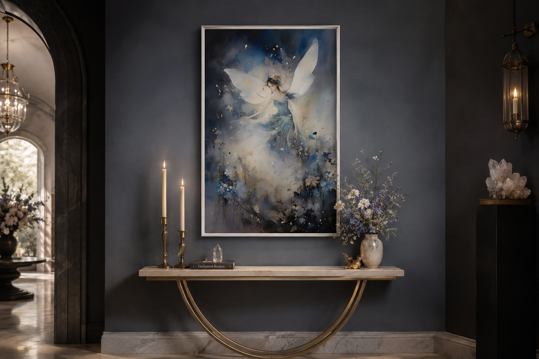 Vertical canvas wall art of a fairy dancing in an enchanted forest above a console table.