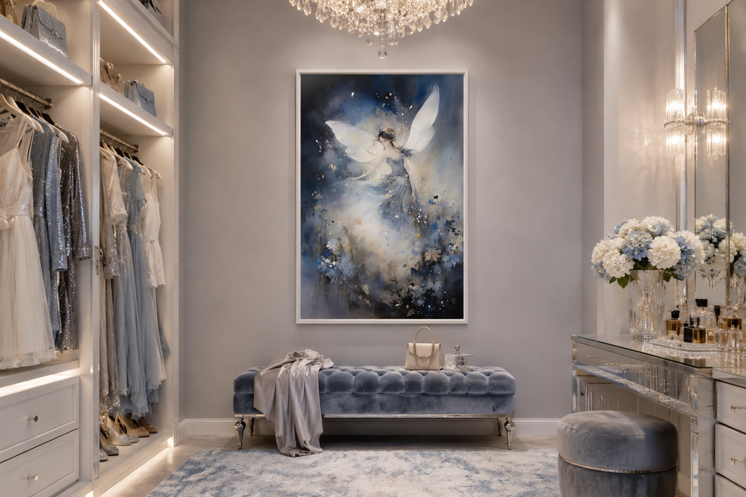 Vertical canvas wall art of a fairy dancing in an enchanted forest, hanging in a modern closet.