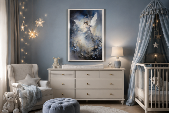 Vertical canvas art of a fairy dancing in an enchanted forest above a white dresser in a nursery.