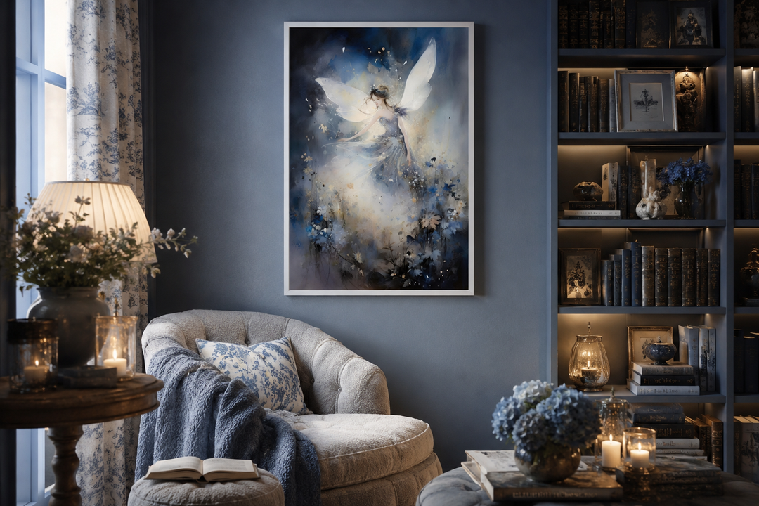 Vertical canvas wall art of a fairy dancing in an enchanted forest, framed on a blue wall.