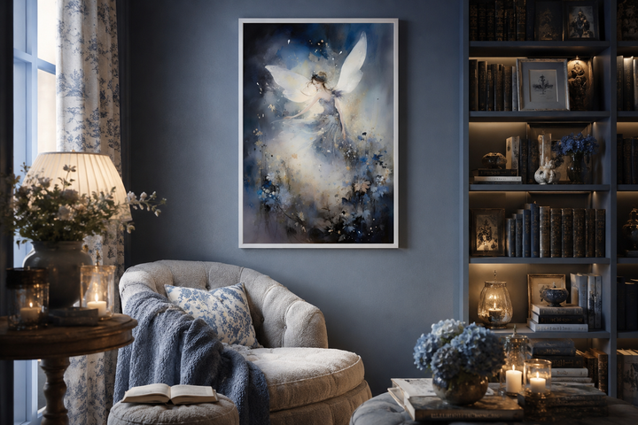 Vertical canvas wall art of a fairy dancing in an enchanted forest, framed on a blue wall.