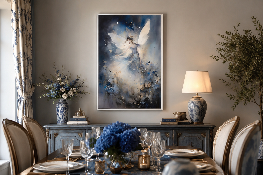 Vertical canvas wall art of a magical fairy dancing in an enchanted forest above a dining table.