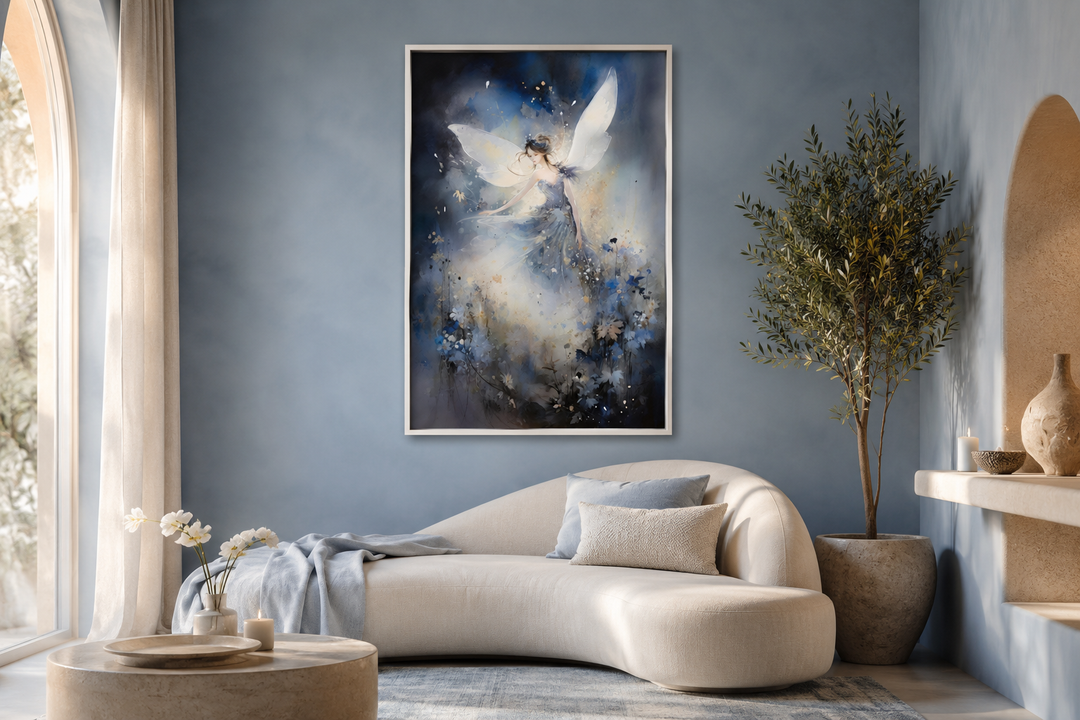 Vertical canvas art of a fairy dancing in an enchanted forest, hung above a modern curved sofa.