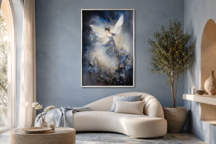 Vertical canvas art of a fairy dancing in an enchanted forest, hung above a modern curved sofa.