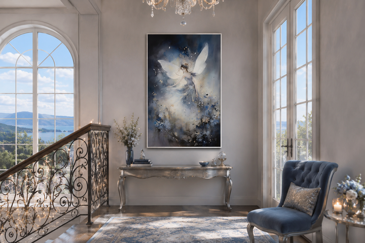 Vertical canvas wall art of a magical fairy dancing in an enchanted forest above a silver console.