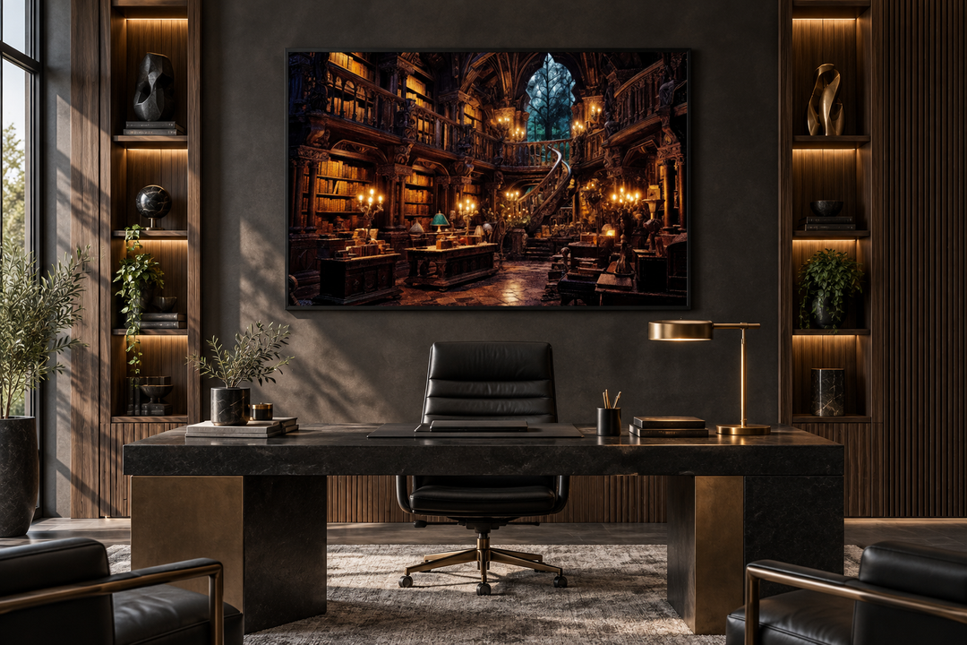 Antique magical library painting on framed canvas displayed above a modern black marble desk.