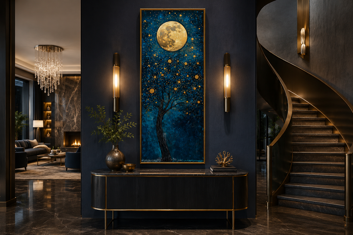 Tall narrow canvas print of a golden tree under a glowing moon on a navy blue background.