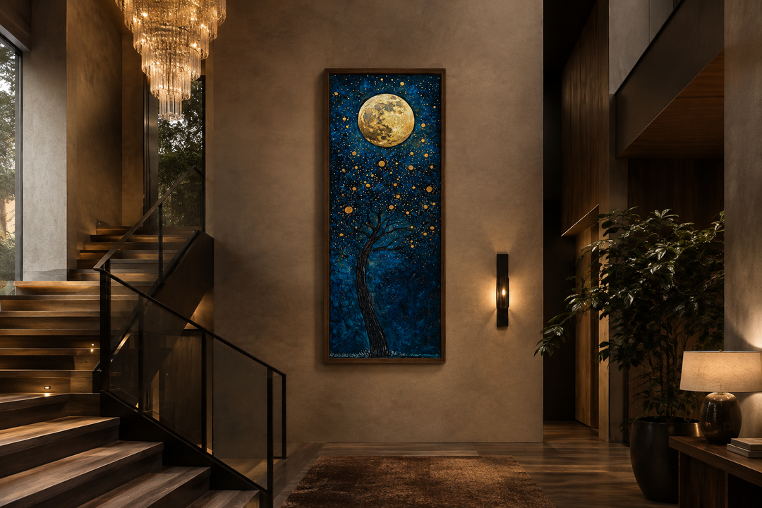 Tall narrow canvas art of a magical golden tree and moon on a navy blue background in a modern home.