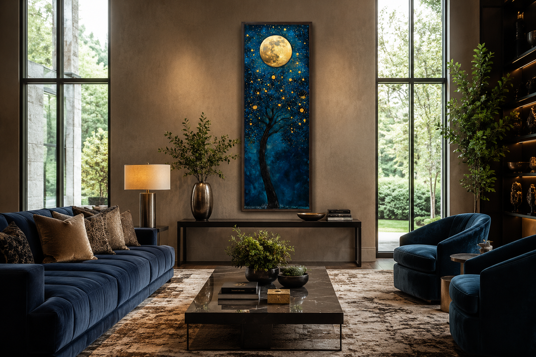 Tall narrow canvas art of a golden tree under a full moon on a navy blue background in a living room.