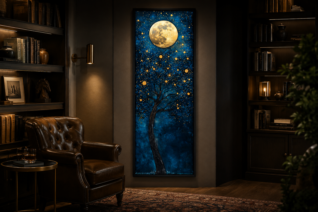 Tall narrow canvas art of a magical golden tree and moon on a deep navy blue background.