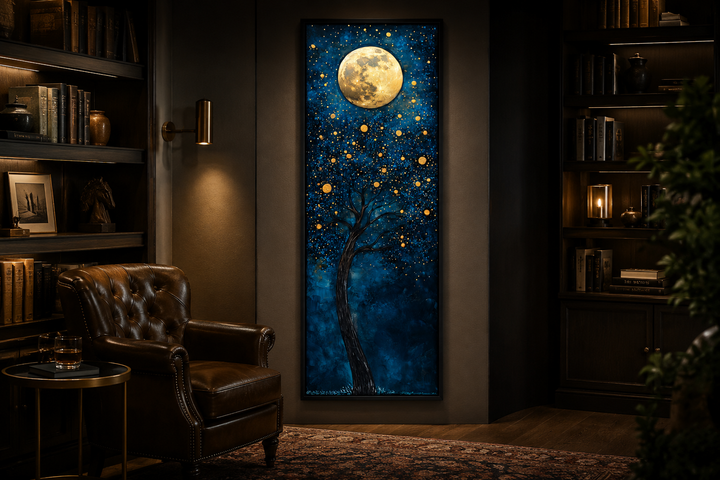 Tall narrow canvas art of a magical golden tree and moon on a deep navy blue background.