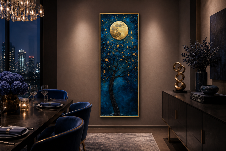 Tall narrow canvas art of a golden tree and moon on a navy blue background in a dining room.