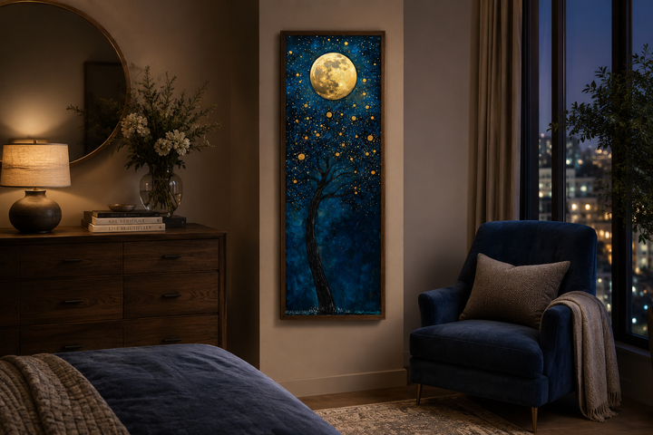 Tall narrow canvas art of a magical golden tree and moon on a navy blue background in a bedroom.