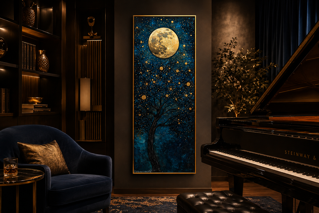 Tall narrow canvas art of a golden tree and moon on a navy blue background in a dark room.