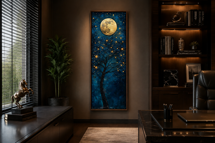Tall narrow canvas art of a magical golden tree and moon on a navy blue background in a home office.