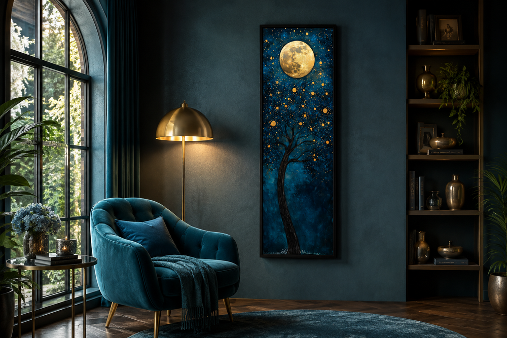 Tall narrow canvas art of a magical golden tree and moon on a navy blue background in a moody room.