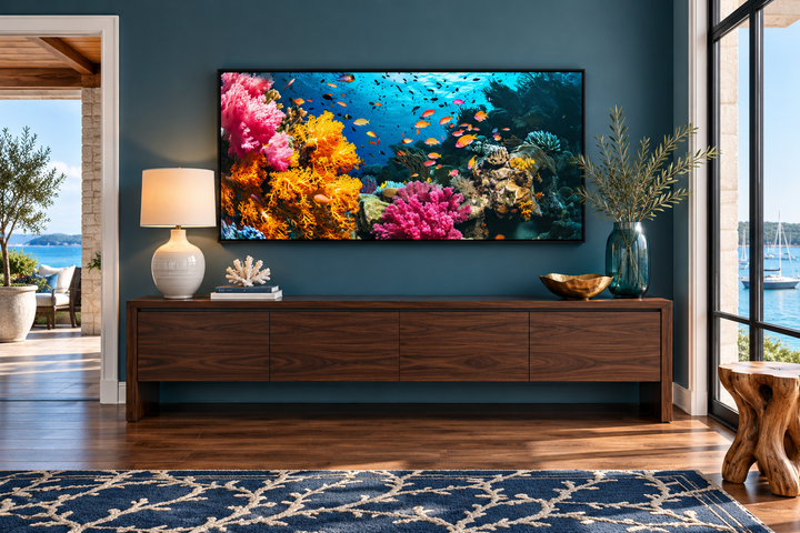Vibrant underwater coral reef and fish photography wall art displayed above a wooden console.