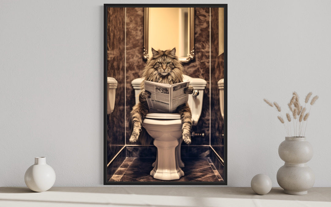 Maine Coon Cat On The Toilet Reading Newspaper Framed Canvas Picture