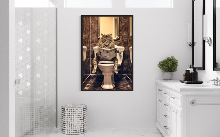 Maine Coon Cat On The Toilet Reading Newspaper Framed Canvas Picture