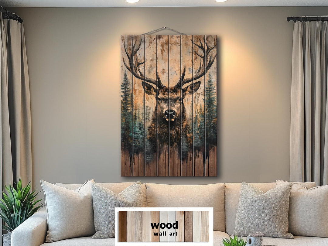 Majestic Deer With Antlers Forest Scene Rustic Vertical Distressed Wood Wall Art
