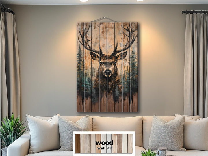 Majestic Deer With Antlers Forest Scene Rustic Vertical Distressed Wood Wall Art