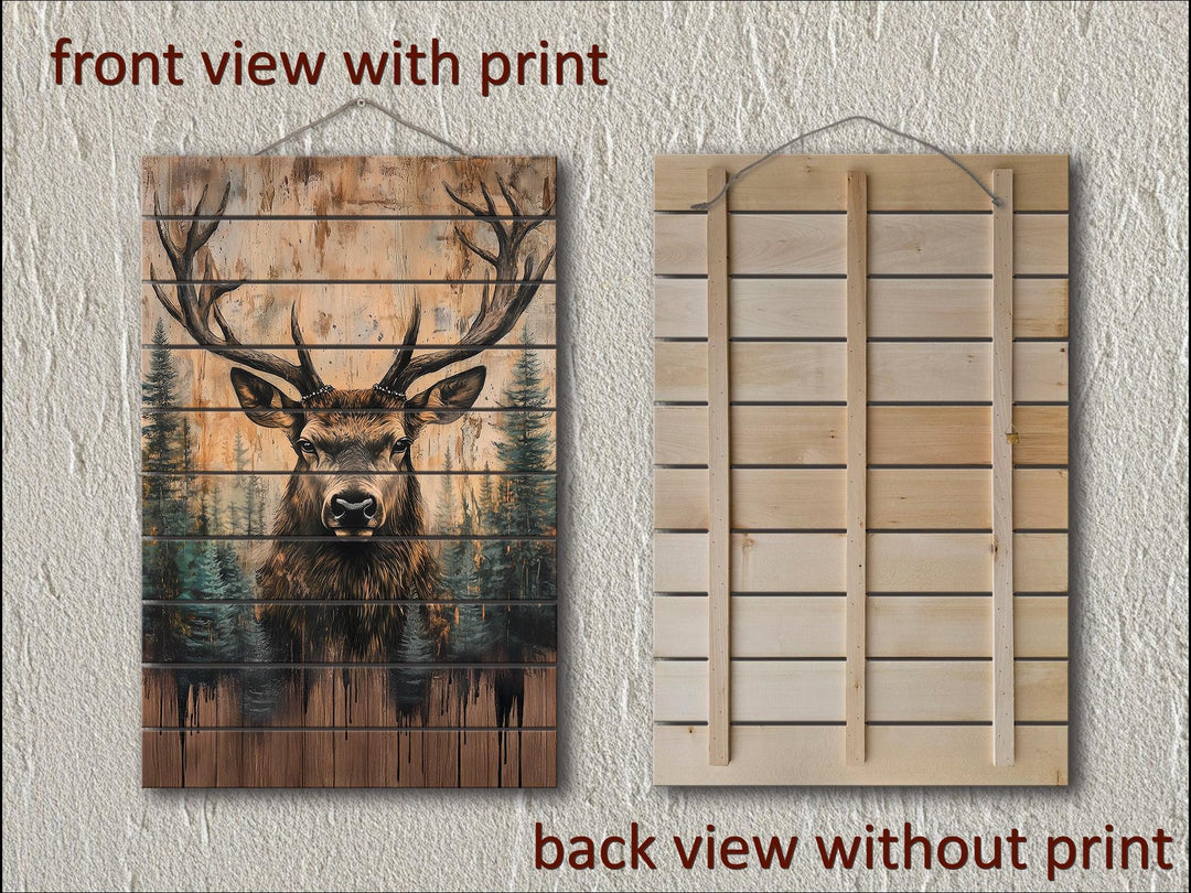 Majestic Deer With Antlers Forest Scene Rustic Vertical Distressed Wood Wall Art