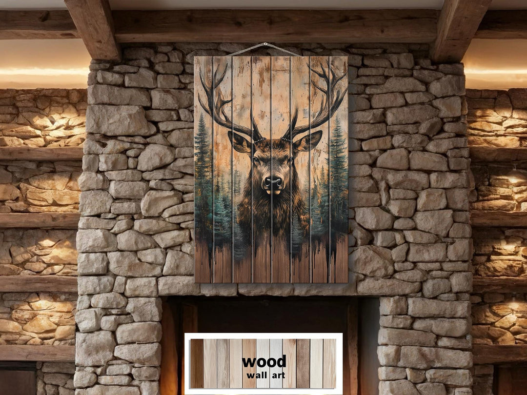 Majestic Deer With Antlers Forest Scene Rustic Vertical Distressed Wood Wall Art