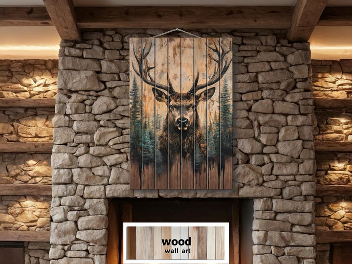 Majestic Deer With Antlers Forest Scene Rustic Vertical Distressed Wood Wall Art