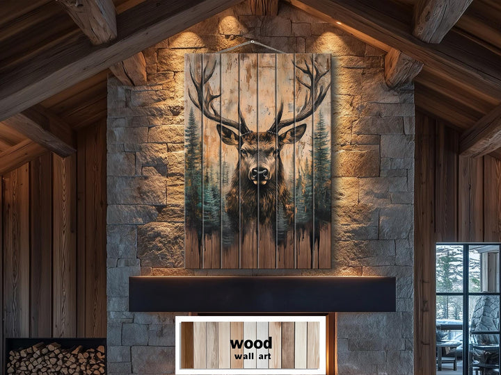 Majestic Deer With Antlers Forest Scene Rustic Vertical Distressed Wood Wall Art