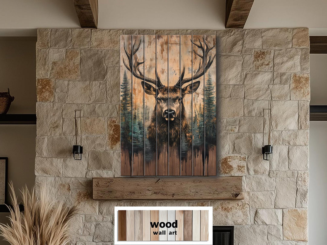Majestic Deer With Antlers Forest Scene Rustic Vertical Distressed Wood Wall Art
