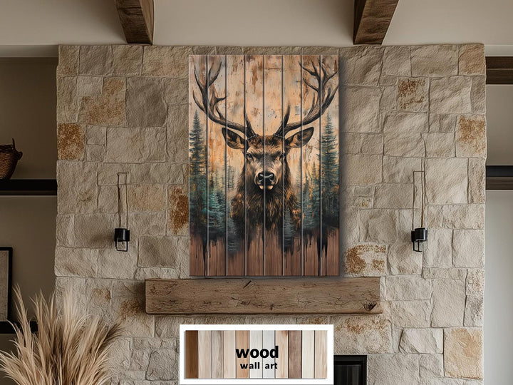 Majestic Deer With Antlers Forest Scene Rustic Vertical Distressed Wood Wall Art