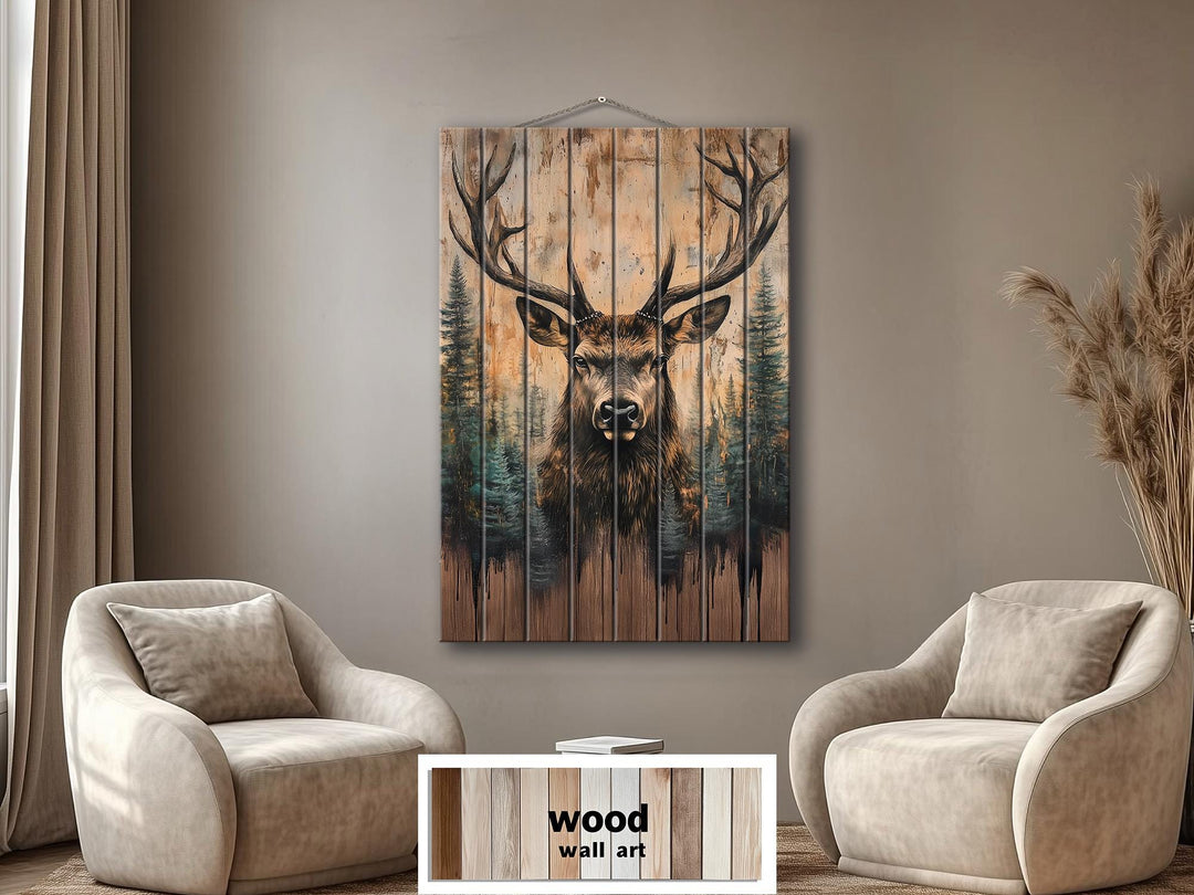 Majestic Deer With Antlers Forest Scene Rustic Vertical Distressed Wood Wall Art