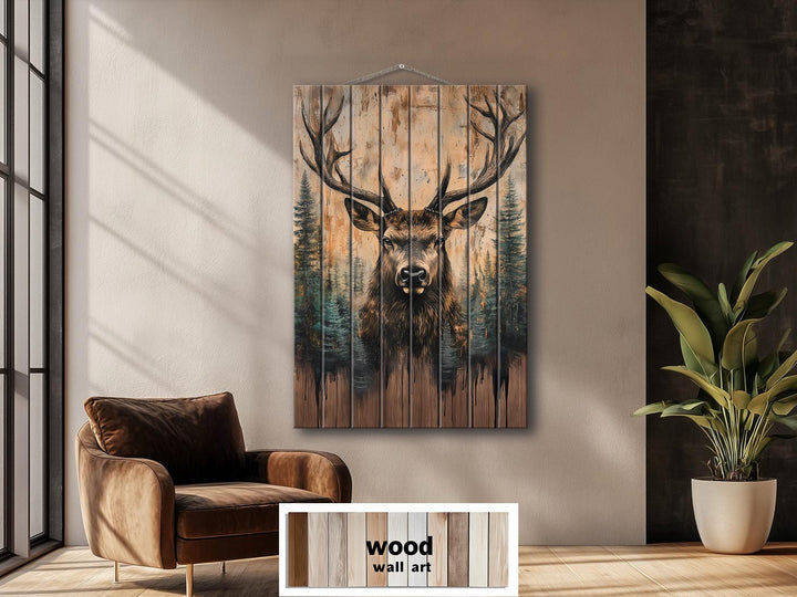 Majestic Deer With Antlers Forest Scene Rustic Vertical Distressed Wood Wall Art