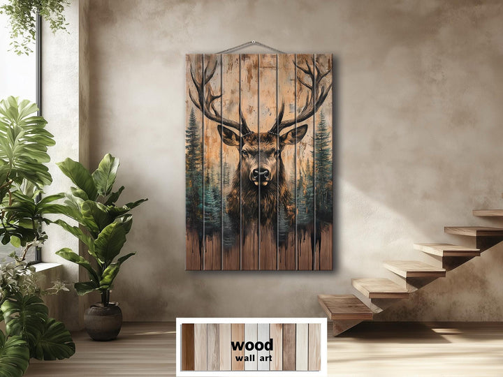 Majestic Deer With Antlers Forest Scene Rustic Vertical Distressed Wood Wall Art