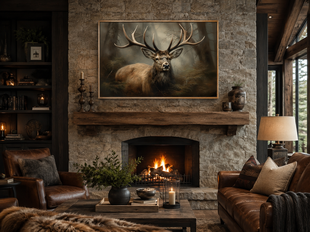Majestic deer in foggy forest framed canvas wall art hanging above a stone fireplace in a cabin.