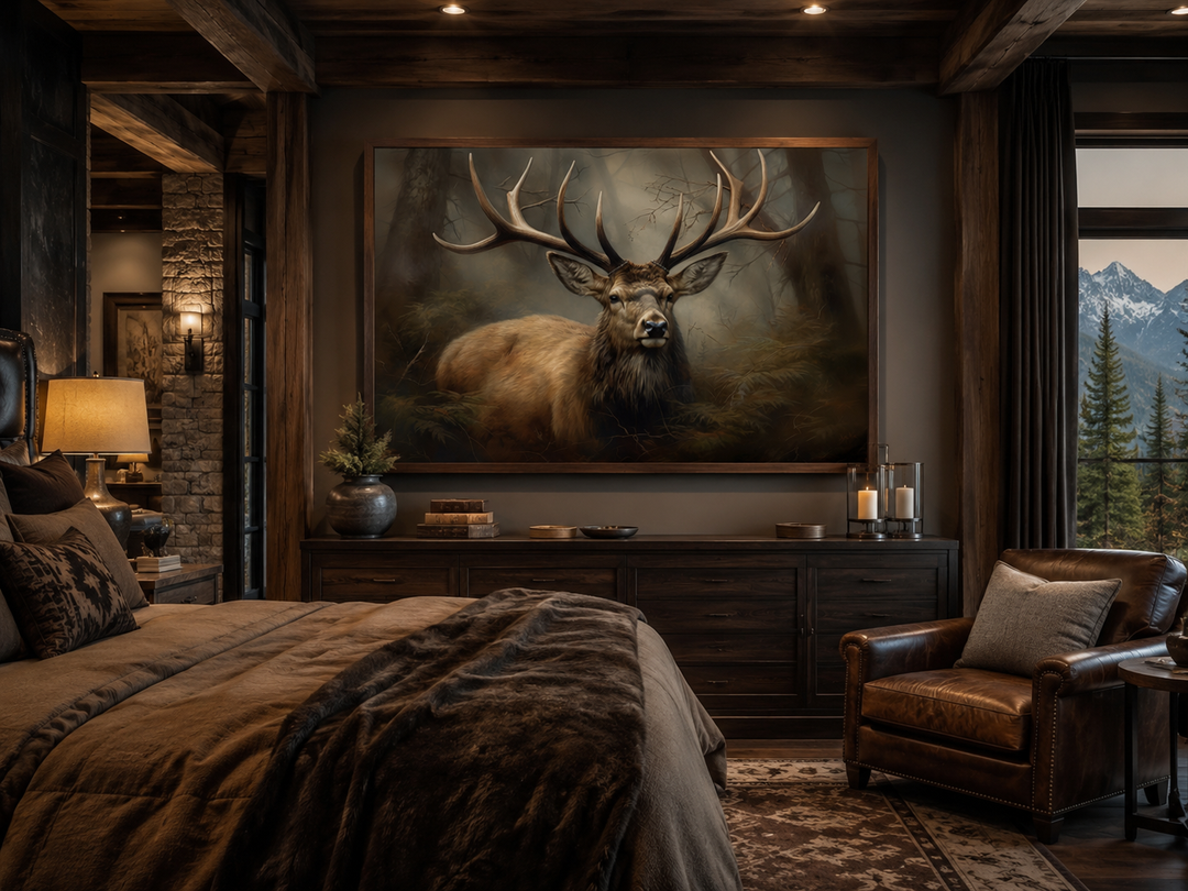 Majestic deer in foggy forest framed canvas wall art above a dresser in a rustic cabin bedroom.