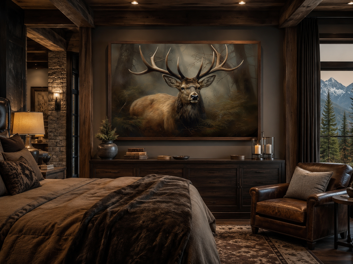 Majestic deer in foggy forest framed canvas wall art above a dresser in a rustic cabin bedroom.