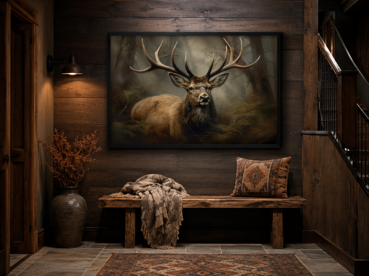 Majestic deer in a foggy forest framed canvas wall art displayed in a rustic cabin entryway.