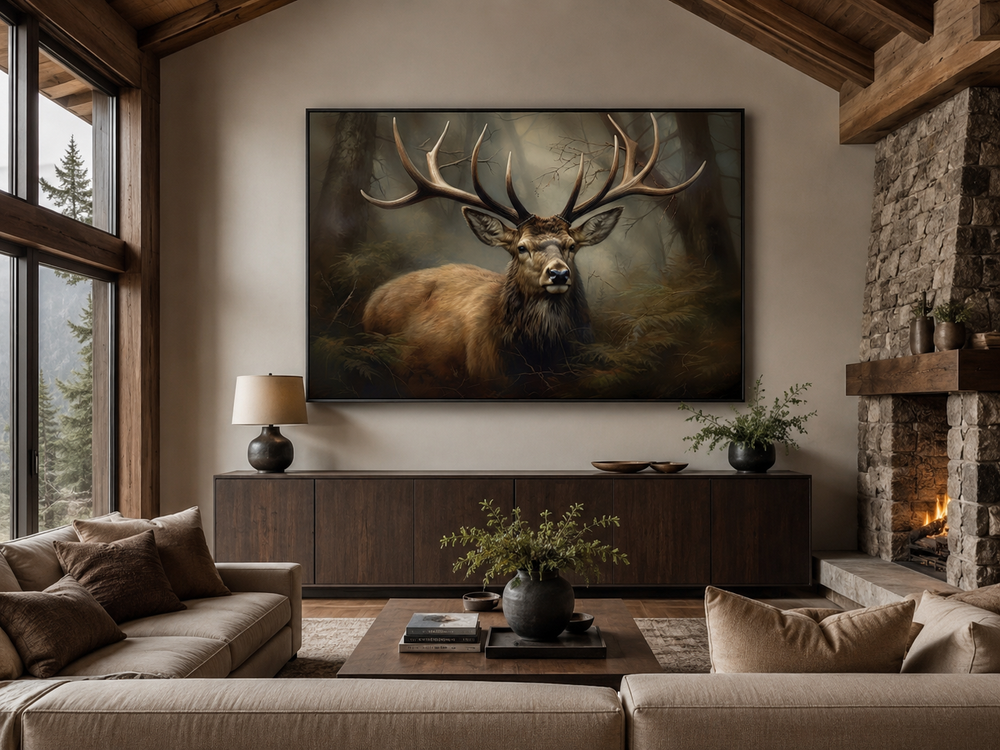 Majestic deer in foggy forest framed canvas wall art above a sideboard in a rustic cabin living room.