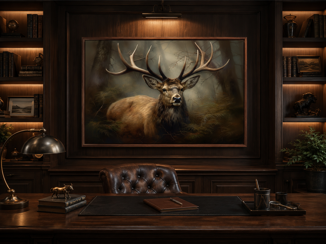 Framed canvas wall art of a majestic stag in a foggy forest, hung in a rustic wood-paneled office.