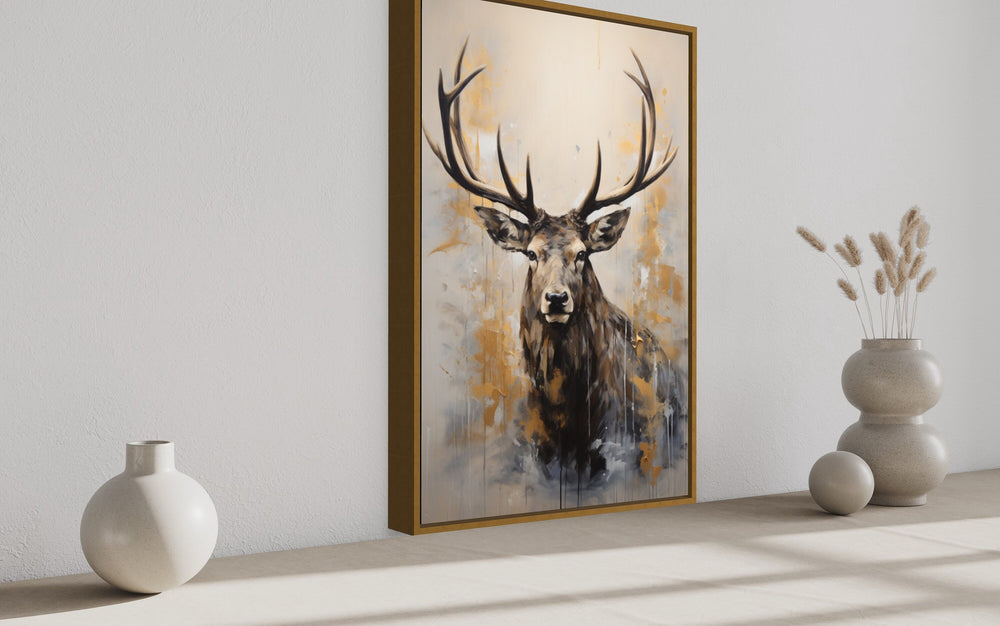 Majestic Elk In Beige And Gray Framed Canvas Wall Art