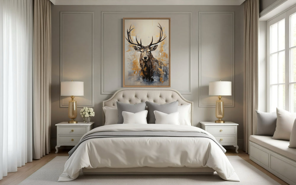 Majestic Elk In Beige And Gray Framed Canvas Wall Art