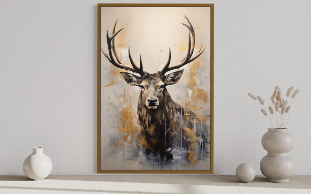 Majestic Elk In Beige And Gray Framed Canvas Wall Art