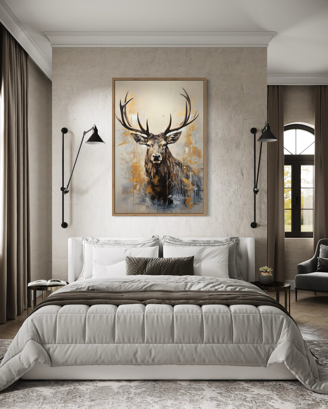 Majestic Elk In Beige And Gray Framed Canvas Wall Art