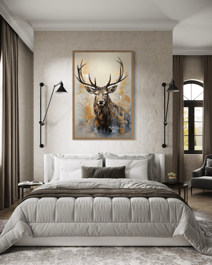 Majestic Elk In Beige And Gray Framed Canvas Wall Art