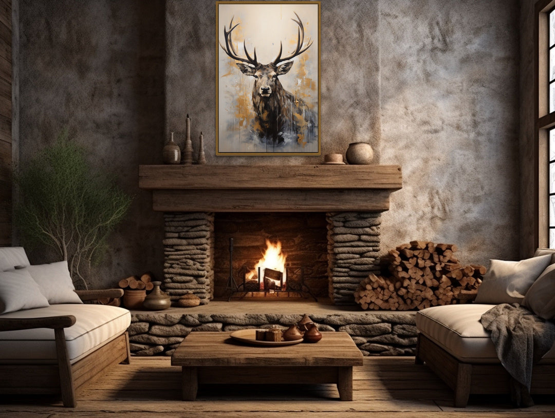 Majestic Elk In Beige And Gray Framed Canvas Wall Art