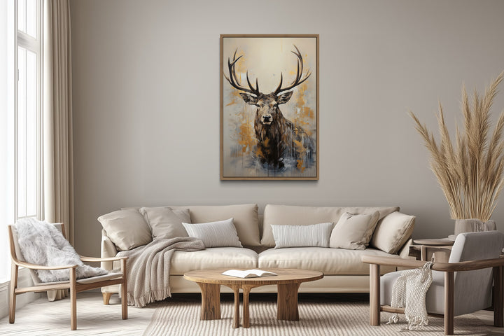 Majestic Elk In Beige And Gray Framed Canvas Wall Art