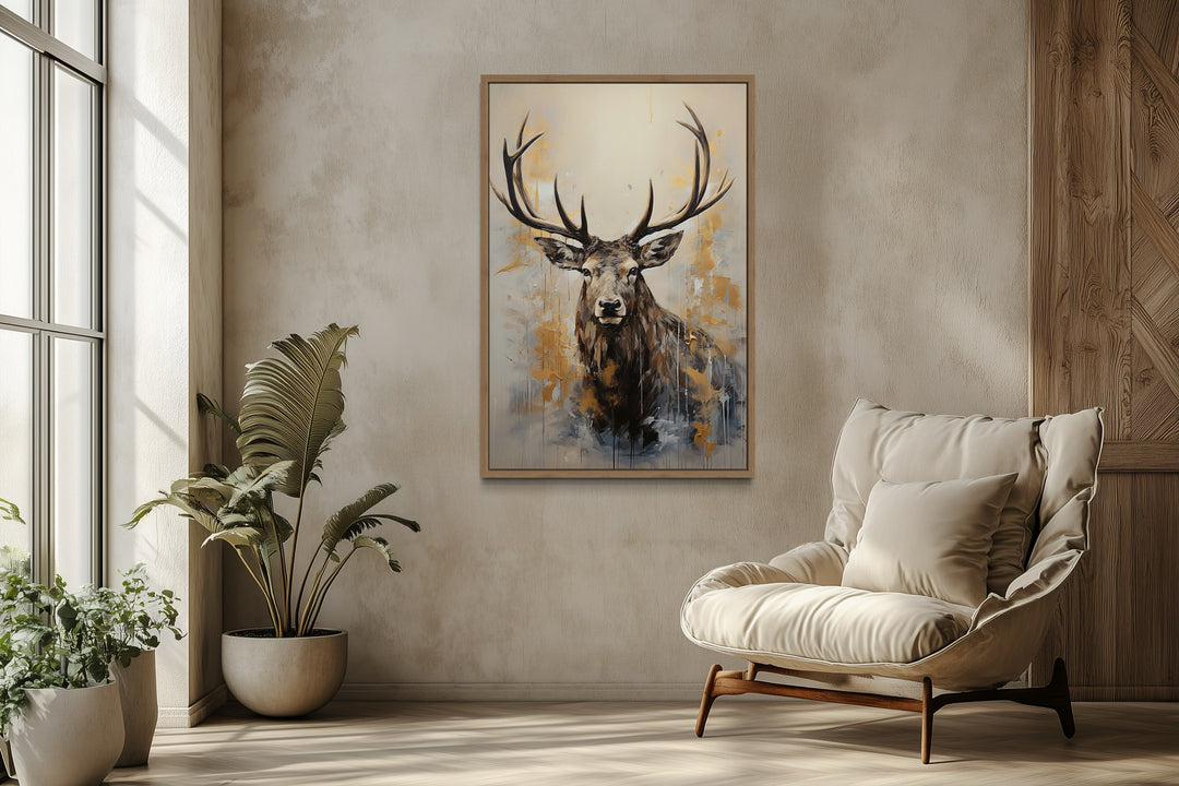 Majestic Elk In Beige And Gray Framed Canvas Wall Art