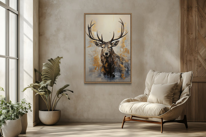 Majestic Elk In Beige And Gray Framed Canvas Wall Art