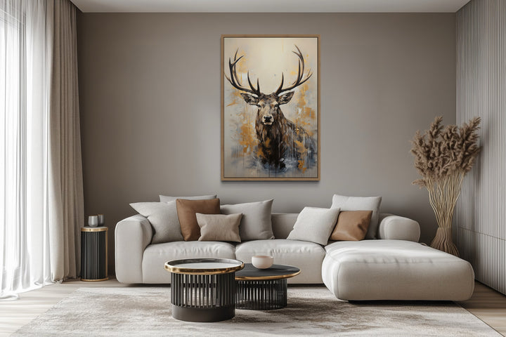 Majestic Elk In Beige And Gray Framed Canvas Wall Art
